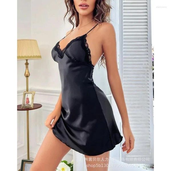 Pijamas femininos lingerie sexy camisola babydoll seda bordado cinta noite vestido borboleta cetim camisola de renda