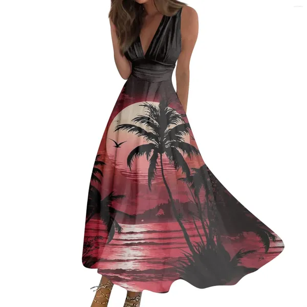 Vestidos casuais mulheres vestido longo balanço uma linha floral moda streetwear ao ar livre havaí impressão sem mangas v pescoço