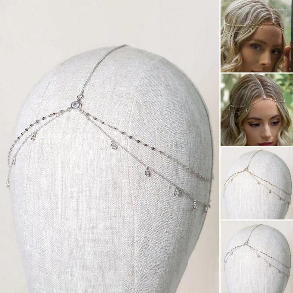 Grampos de cabelo elegante jóias estilo boho strass cabeça corrente para acessório nupcial dupla camada testa