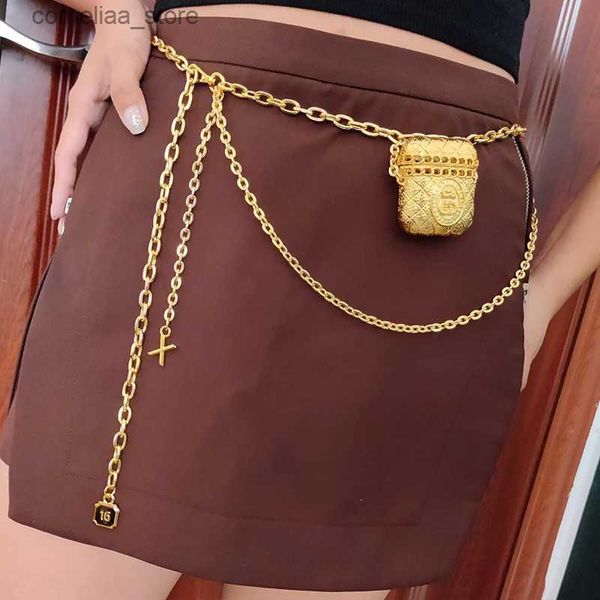Cintos moda borla cintos de corrente de ouro para mulheres alta quaity luxo orelha telefone pequeno saco cinto de metal ajustável cintura longa miniy240315