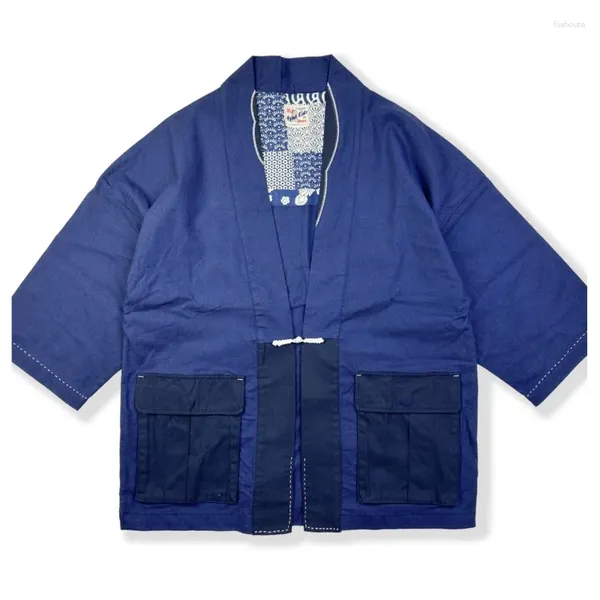 Мужские куртки в стиле ретро, синий окрашенный хлопок и лен, халат с рукавами 3/4, мешковатое пальто, модное повседневное
