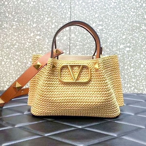 Vlogo oro Raffias Beach Shop Designer Tote Bag grande borsa da viaggio di lusso con borsa madre Borse a tracolla con rivetto Borsa da viaggio con pochette a tracolla in paglia da uomo