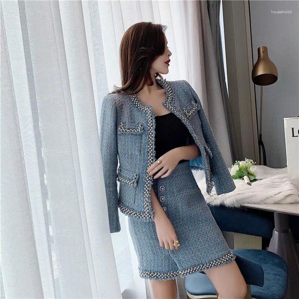 Arbeitskleider BLLOCUE Herbst Winter Frauen Elegantes Büro Blau Tweed Anzug Perlen Wolle Blazer Jacke Minirock 2 Stück Sets