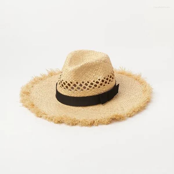 Cappelli larghi X303 Cappello di paglia scavato intrecciato fiocco con frange Lafita jazz berretto da viaggio per esterni protezione da sole Lady Panama Caps