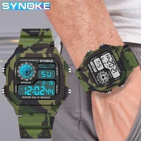 Synoke Erkek Dijital İzleme Moda Kamuflaj Askeri Kol saati Su Geçirmez Saatler Çalışan Saat Relogio Maskulino 220530300H