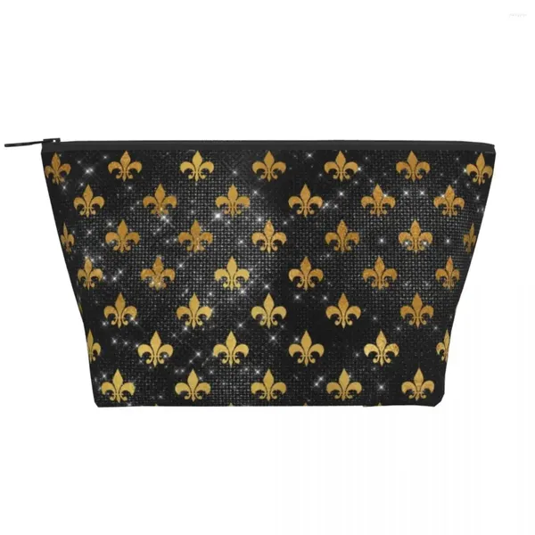 Borse per cosmetici Elegante borsa da toilette da viaggio Fleur De Lis nera e oro Fleur-De-Lys Lily Kit Dopp per trucco floreale di bellezza