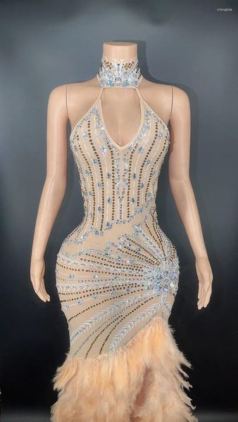 Vestidos casuais sparkly prata grande strass pena transparente vestido longo noite aniversário celebrar traje luxuoso dançarino piscando