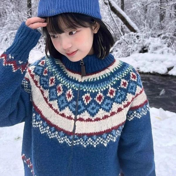 Malhas femininas vintage azul fair isle estética suéteres para meninas gola alta com zíper cardigan casacos femininos inverno ao ar livre jaquetas soltas