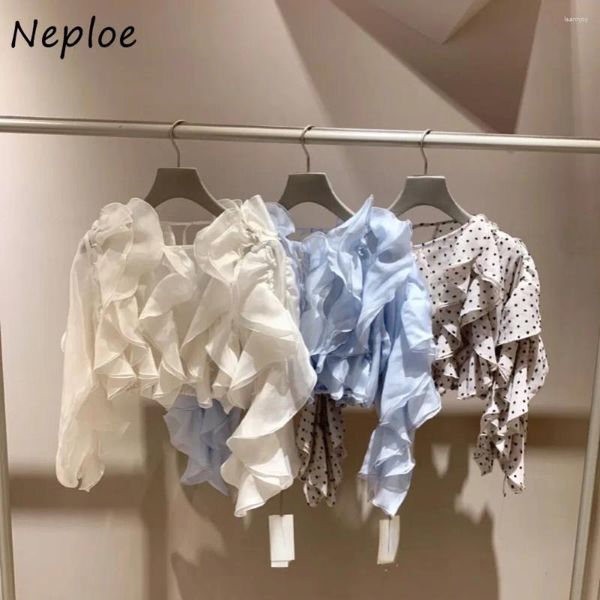 Kadın Bluzları Neploe O Boyun Kelebek Kollu Tatlı Moda Drawstring Taze Laminat Vual Şifon Blusas Japonya Zarif Polka Nokta Gömlek