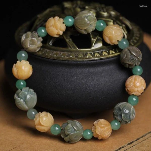 Bracciale con radice di Bodhi verde filo Vento Perlina di loto Giallo Wen Gioca con il manipolo di Buddha a cerchio singolo