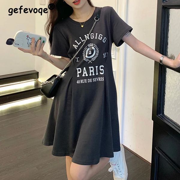 Abbigliamento donna Coreano Estate Trendy Lettera Stampa T Shirt Mini abito Y2K Casual Streetwear Semplice manica corta Abiti a pieghe 240311