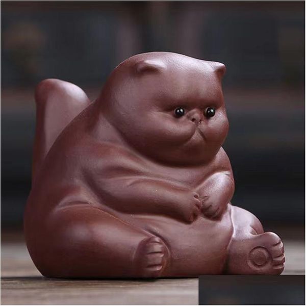 Tea Pets Boutique Argilla viola Animale domestico Gatto fortunato Figurine Ornamenti da tavolo Scpture fatte a mano Artigianato Set per la casa Decorazione Regali Drop Delive Dhkfm