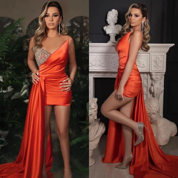 Orange Short Sexy Prom Kleider gegen Hals Party Abendkleider Falten geschlitzte halb formelle rote Teppich Lange Spezial Ocn Dres YD