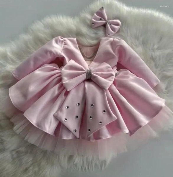 Mädchenkleider Süßes rosa Satin Baby Prinzessin Perlen Kinder Langarm Partykleid Promi Geburtstag