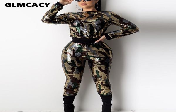 Frauen Camo Pailletten Trainingsanzüge Frauen Set Herbst Winter Outfits Langarm TopHose Sweat Anzug Velours 2 Stück Sweatsuit T2006236957664