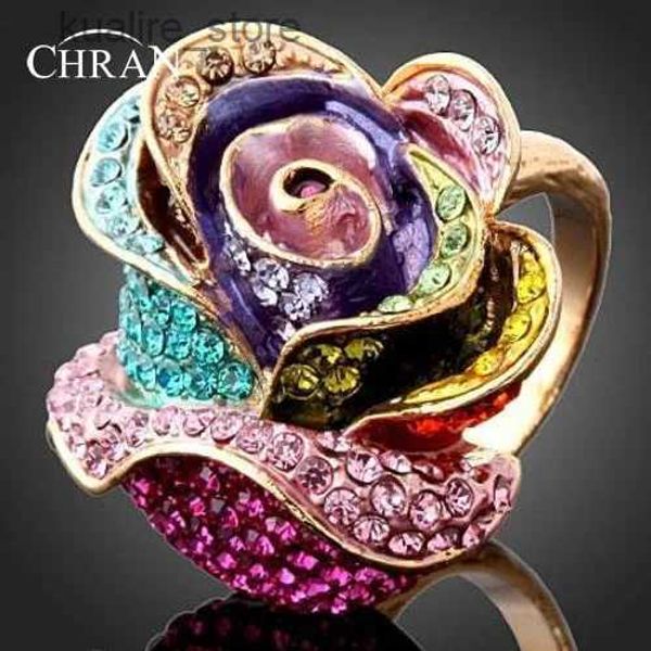 Anelli a grappolo Chran Fashion Rose Design Anelli di fidanzamento in cristallo per le donne Elegante smalto Bigiotteria Anello Regali per donna L240315