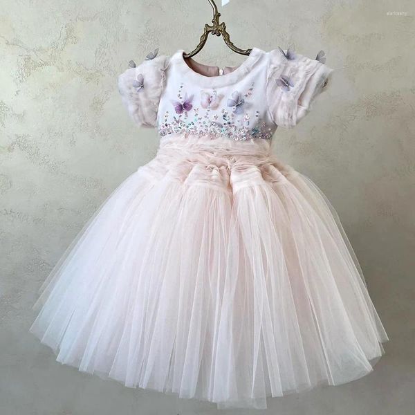 Платья для девочек Jill Wish Элегантное платье цвета слоновой кости с бабочкой и бисером Платье принцессы для маленьких детей на свадьбу, день рождения, первое причастие 2024 J342