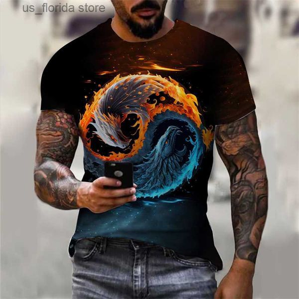 Erkek Tişörtler Erkek Tişörtler Balıkçılık Desen T-shirtler Kısa Slve 3D Hayvan Kurt Baskılı Strt Hip Hop Stil Tişört Tai Chi Diyagramı Y240315