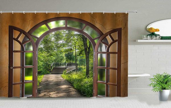 Fenster draußen Wald Brücke Frühling Landschaft Kreativität Duschvorhang Zen Stein Baum Gebäude Landschaft Stoffvorhänge mit Haken 21956972