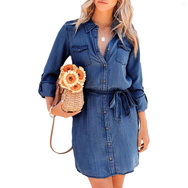 Casual Kleider 2024 Mode Damen Button Down Taschen Tops mit Gürtel Denim Hemd Kleid Langarm Bluse Jeans