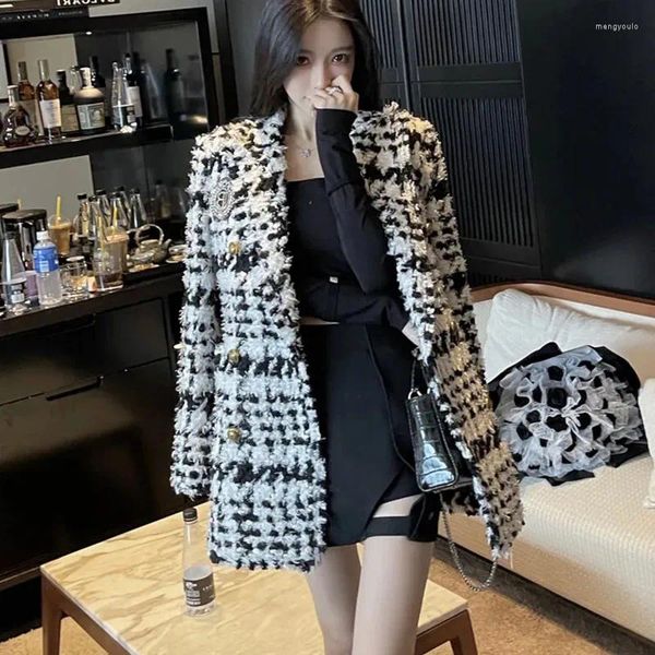 Abiti da donna Autunno Inverno Piccolo Incenso Vento Giacca lunga Design Sense Donna Nero Bianco Griglia Treccia grossa Cappotto Giacca casual femminile