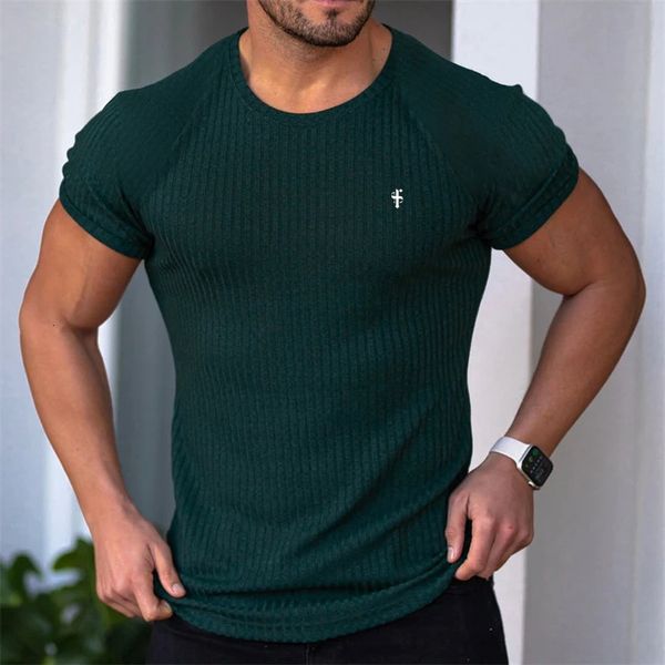 Verão masculino camiseta esportes casual secagem rápida respirável elástico em torno do pescoço camisa de fundo listra vertical impressão camiseta 240306