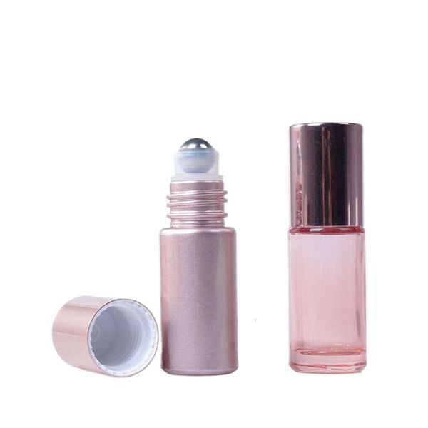 5 10ML Mini Roll On Roller Bottle Garrafas de vidro de fragrância Rosa Gold Garrafa de óleo essencial de aço Metal Roller Ball Perfume Container Botellas De Rodillos De Aceite