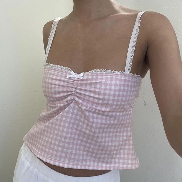 Canottiere da donna Kawaii Backless Tie Up Crop Top Cute Lace Trim Strap Camis Y2K Plaid Increspato Busto Avvolgere il petto Milkmaid Gilet estivo da donna