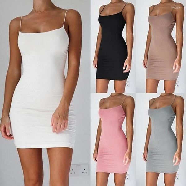 Sıradan Elbiseler Seksi Spagetti Strap Camisole Mini Elbise Kadın Bodycon Club Party 2024 Yaz Saf Renk Sundress Plus Boyut XS-5XL