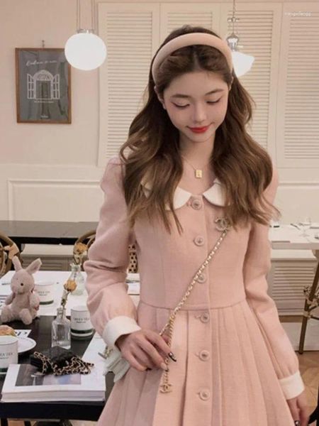 Casual Kleider Frühling Rosa Süße Elegante Kleid Frauen Spitze Koreanische Stil Party Mini Weibliche Lange Hülse Frankreich Vintage Nette Mantel