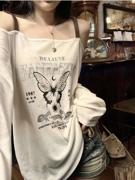 Mulheres Camisetas Vintage Borboleta Impressão Off Ombro Camisetas Harajuku Oversized Casual Bege Tee Mulheres Y2K Estética Grunge Camisetas Sexy