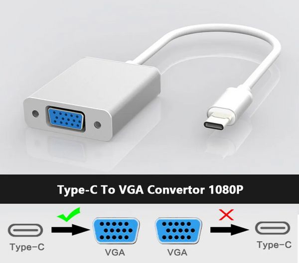 1080p tipo-c para vga conversor usb 3.1 USB-C macho e vga fêmea para tv telefone portátil tela linha conversor de projeção