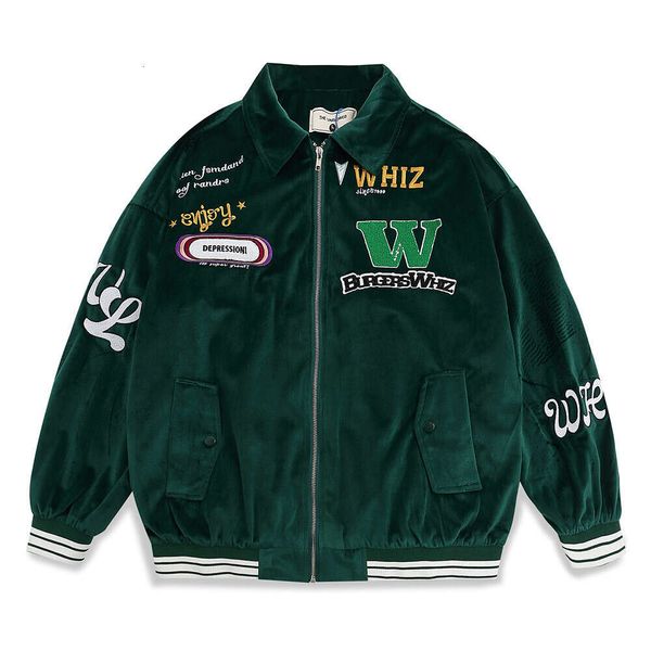 Qianzun Hochwertige grüne Vintage-Männer mit Reißverschluss, individueller Stickerei-Patch, Velours-Bomber-Veet-Baseballjacke 61