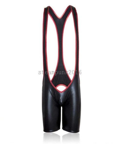 Bondage Uomo in pelle verniciata Wrestler Canotta Mankini Body Pantaloncini Backless Perizoma AU652583287