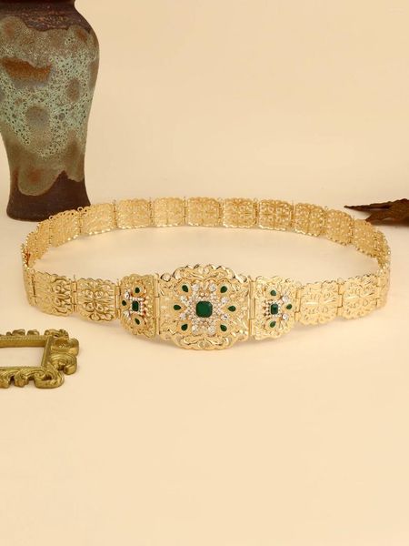 Cinture Caftano arabo di lusso Catena in vita di metallo Abito da sposa da donna Gioielli per il corpo Colore oro Cintura di cristallo verde marocchino Lunghezza regolabile