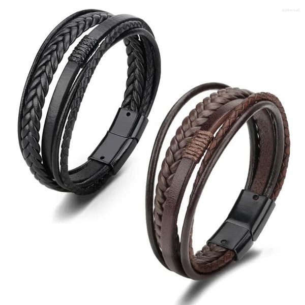 Link Armbänder Großhandel Mode Multilayer Leder Seil Hand Weben Armband Geflochten Edelstahl Für Männer Frauen Schmuck Geschenk