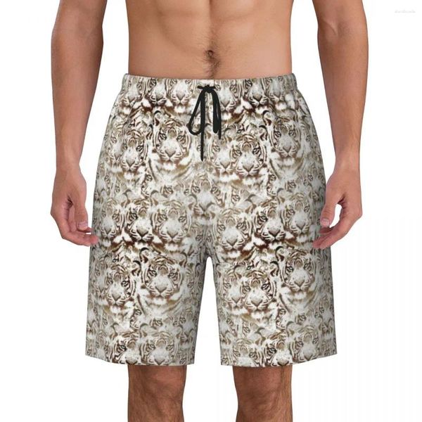 Shorts masculinos Tiger Face Design Board Verão Branco e Marrom Surf Beach Homem Secagem Rápida Vintage Grande Tamanho Troncos