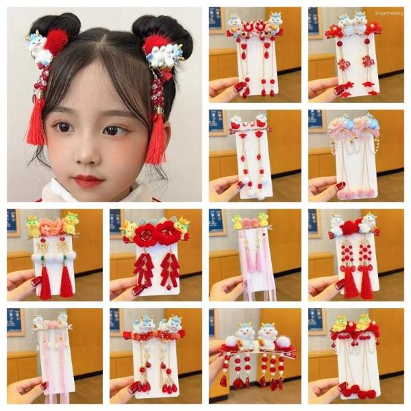 Acessórios de cabelo 1 par pérola dos desenhos animados dragão clipe bowknot bola de pelúcia ano tassel hairpins estilo chinês coreano