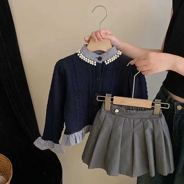 Mädchenkleider Nähen Sie Baby-Mädchen-Kleid 2024 Frühlings-Mädchen-Herbst-Cardigan-Set mit Kinderpullovern im Preppy-Faltenrock-Stil Günstige Kleider 240315