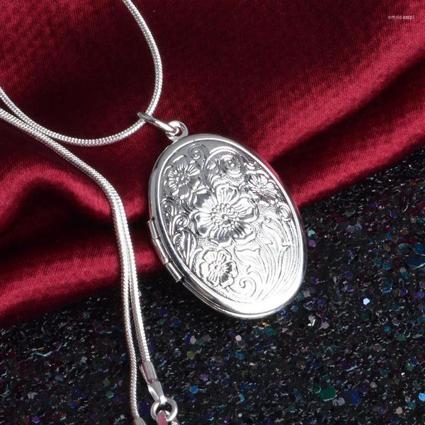 Colares Pingente Inglaterra Retro 925 Sterling Silver Needle Colar Redondo Medalhão Aberto Po Mulheres Colar Jóias