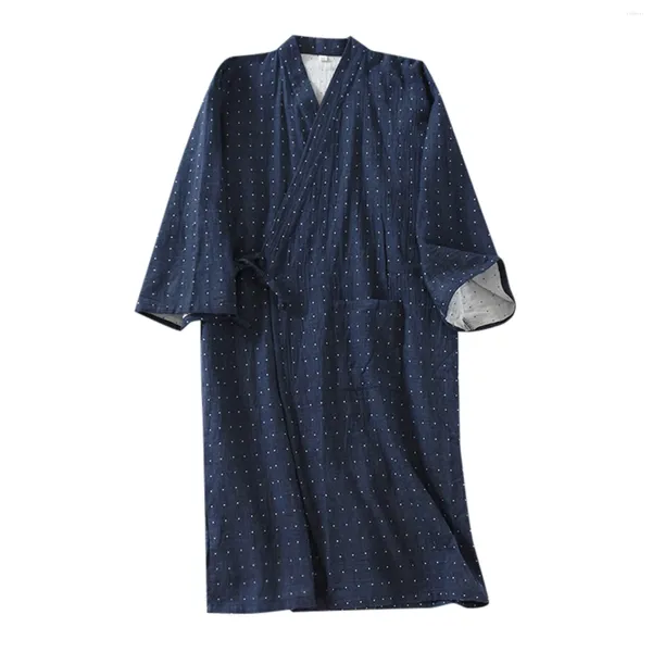 Homens sleepwear ponto algodão cor roupão tecido japonês quimono nove manga rendas até robe outono / primavera casual casa roupas
