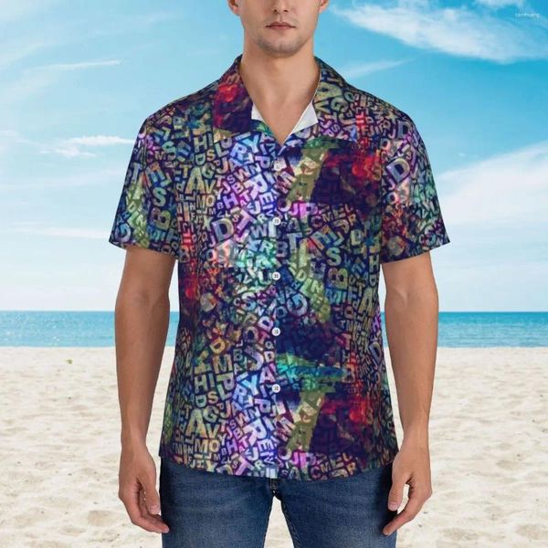 Camisas casuais masculinas letras abstratas imprimir camisa de férias homens palavra aleatória confusão verão design de manga curta clássico blusas de grandes dimensões