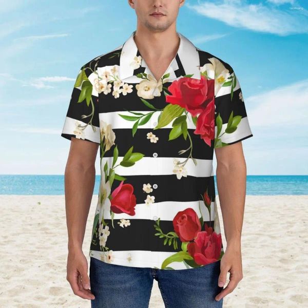 Мужские повседневные рубашки с цветочным принтом, модная пляжная рубашка, мужские черно-белые полосатые летние рубашки с короткими рукавами в стиле ретро Y2K, блузки больших размеров, подарок