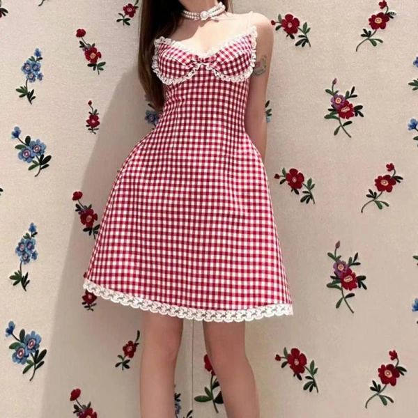 Lässige Kleider Sweet Lolita Style Strass Camisole Damen Minikleid Spitze Patchwork Rot Plaid Sexy A-Line 2024 Frühling Sommer Party