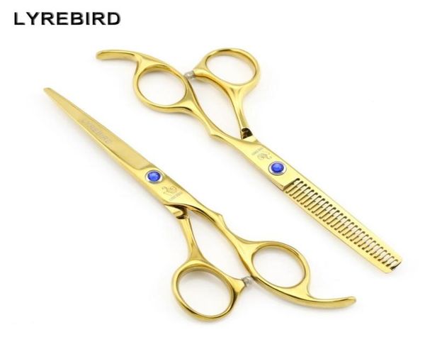 Tesoura de cabelo 6 polegadas tesoura de cabeleireiro dourada tesoura de corte de cabelo tesoura de desbaste pedra azul lyrebird new5452144