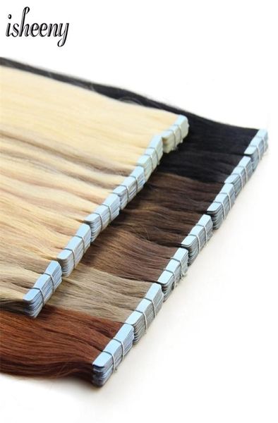 Isheeny Blonde Человеческие волосы Лента для наращивания Европейская натуральная кожа с утком 12quot24quot Черно-коричневый 100 Real W2204018262977