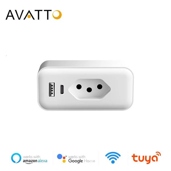 AVATTO Tuya Wi-Fi Smart Plug с USB Type C Розетка для быстрой зарядки 16A Бразильская розетка для монитора мощности работает для дома Alexa 240228