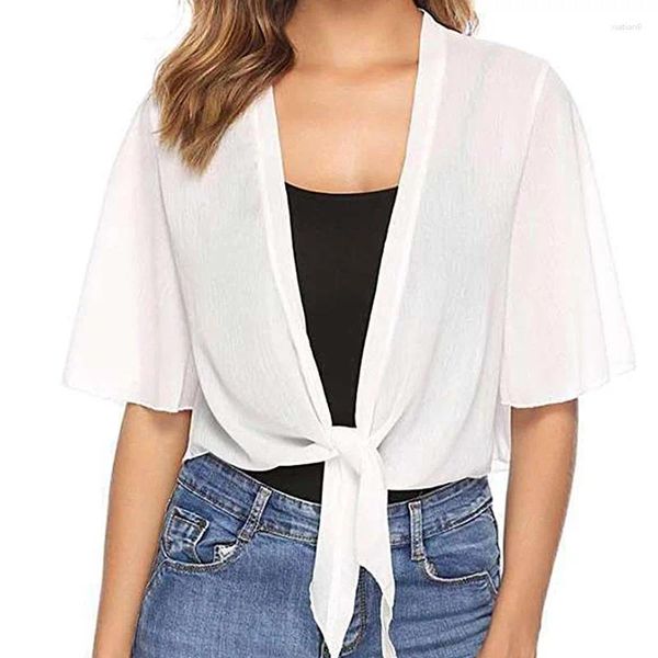 Camicette da donna Donna Elegante Crop Top Cover Up Cardigan in chiffon Tinta unita Mezza manica Avvolge Scialli Protezione solare casual Estate leggera