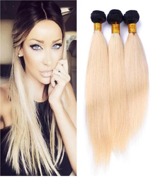 8A Ombre 613 Brasilianisches Reines Haar 3 Bundles Gerade Platinblond Dunkle Wurzeln Ombre Menschenhaarverlängerung Ganze Remy H3991294