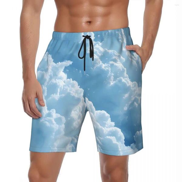 Calções masculinos maiô branco nuvem céu padrão placa verão kawaii moda praia calças curtas masculino roupas esportivas respirável troncos